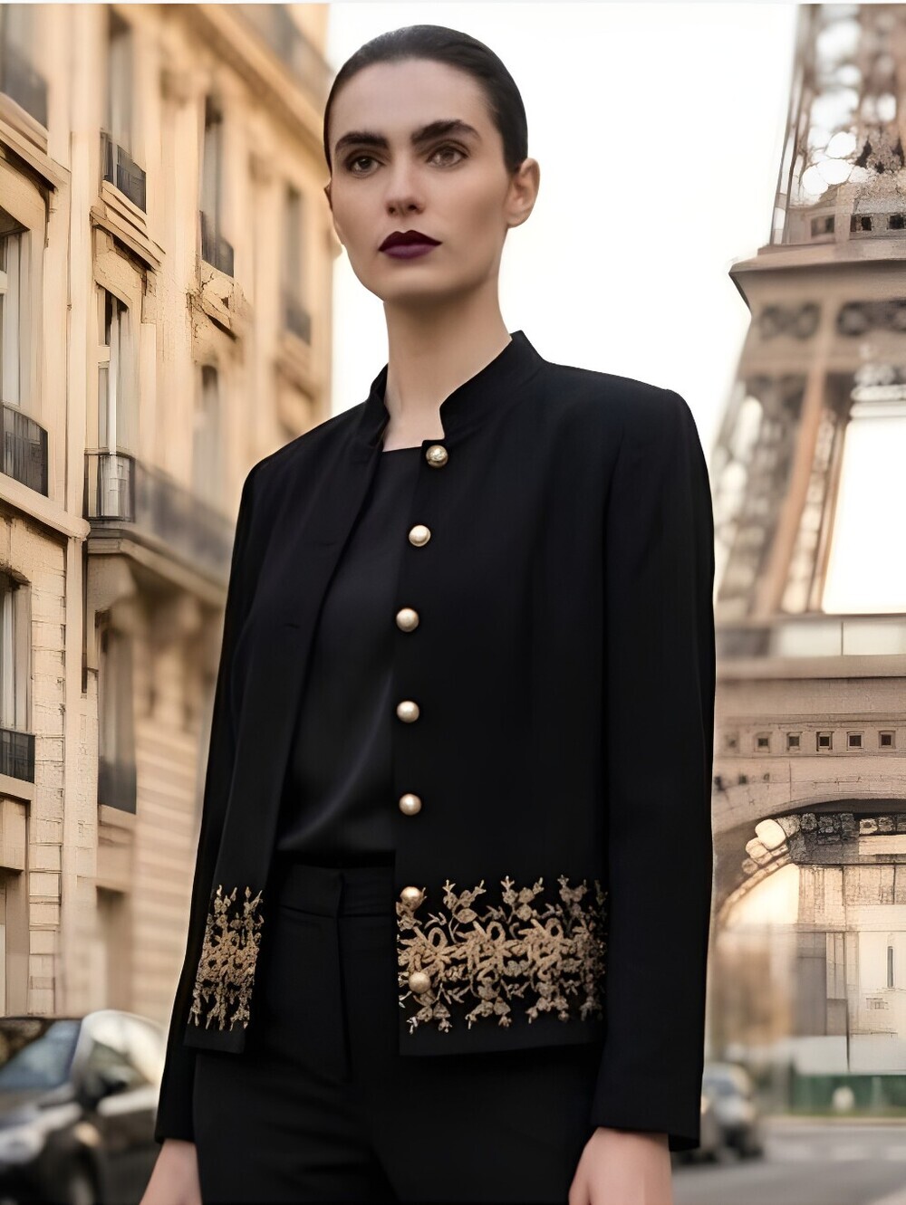 Vintage Kari's Korner Black Embroidered Waist Blazer Pearl Style Buttons